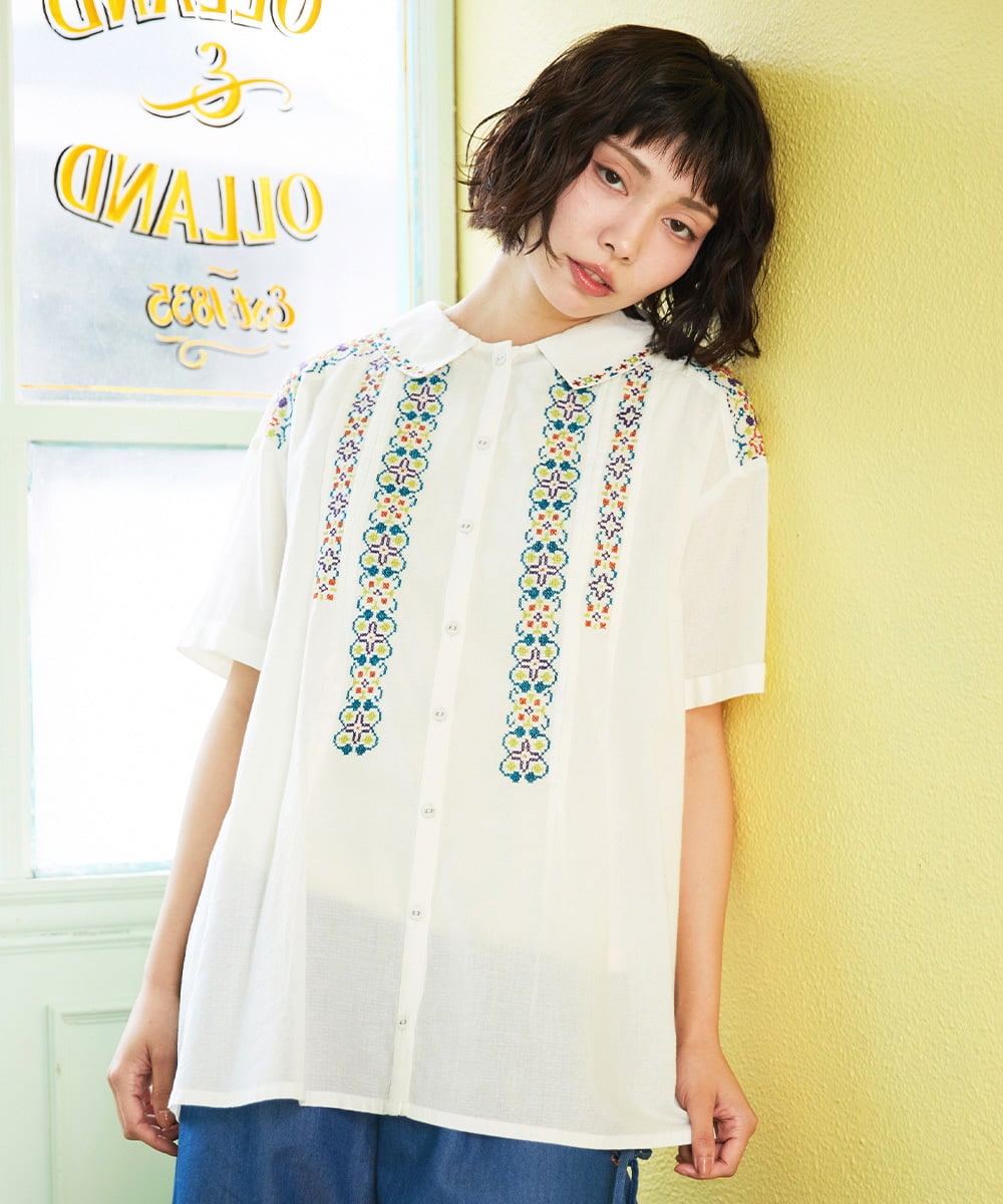 GJBGE41200 Jocomomola(ホコモモラ) Cruzar フラワーインド刺繍ブラウス アイボリー