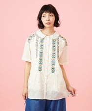 GJBGE41200 Jocomomola(ホコモモラ) Cruzar フラワーインド刺繍ブラウス アイボリー