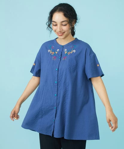 GJBGW31150  ドビー フラワー刺繍チュニックブラウス