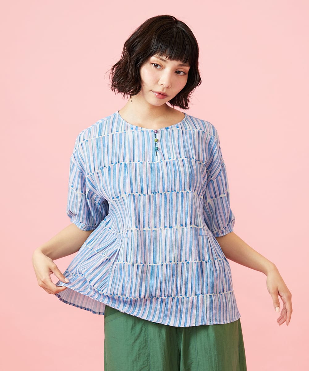 GJBHD30200 Jocomomola(ホコモモラ) 【早割10％OFF】ストライプブラウス ブルー×ピンク