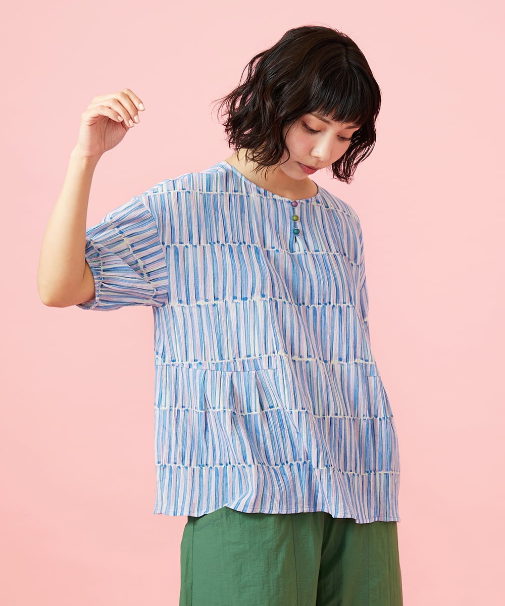 GJBHD30200 Jocomomola(ホコモモラ) 【早割10％OFF】ストライプブラウス ブルー×ピンク