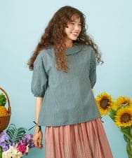 GJBHD31200 Jocomomola(ホコモモラ) Relieve ロールカラーギンガムチェックブラウス ブラック×グリーン