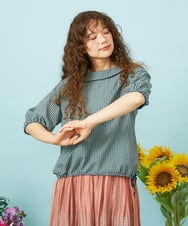 GJBHD31200 Jocomomola(ホコモモラ) Relieve ロールカラーギンガムチェックブラウス ブラック×グリーン