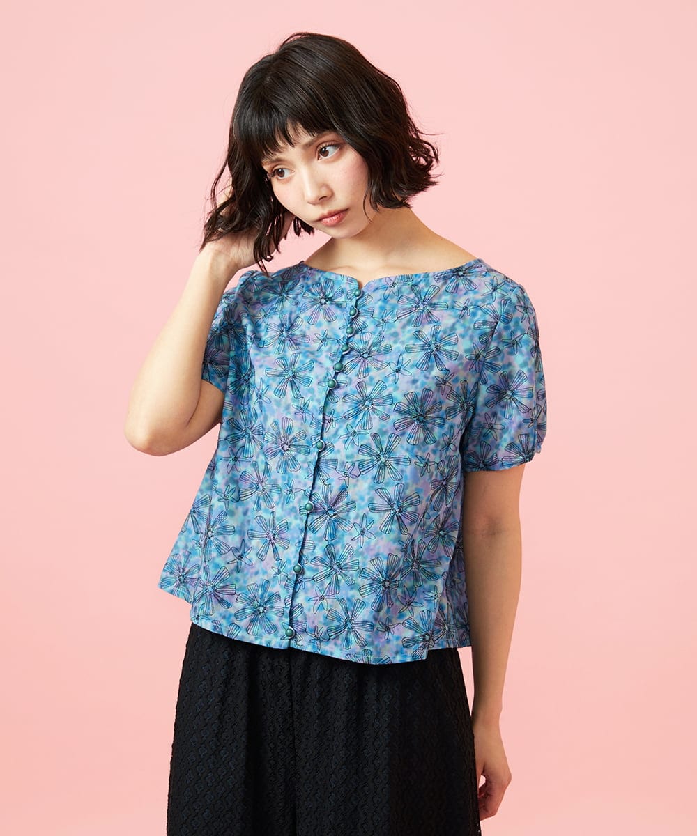 GJBHD51240 Jocomomola(ホコモモラ) 【2WAY】Ilusion フラワー総刺繍ブラウス ブルー