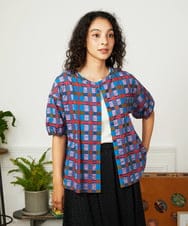 GJBJA31200 Jocomomola(ホコモモラ) Laberinto リップルチェックブラウス グリーン