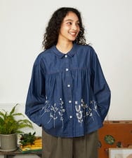 GJBJB36200 Jocomomola(ホコモモラ) Jardines コード刺繍デニムブラウス ブルー
