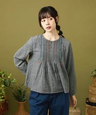 GJBLA31180 Jocomomola(ホコモモラ) Cama de flores コットンヘリンボーンブラウス グレー