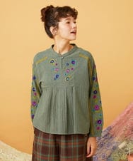 GJBLD33200 Jocomomola(ホコモモラ) フラワー刺繍ヘリンボーンプルオーバーブラウス グリーン