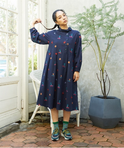 GJEAD30340 Jocomomola Lunares Animales もけもけドビーワンピース