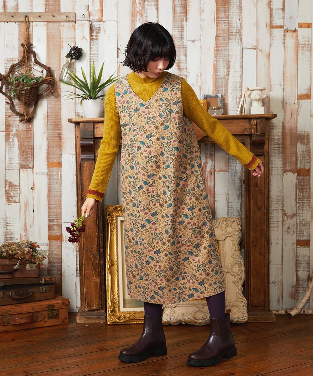 GJEAE03300 Jocomomola(ホコモモラ) Calle de Bordadores フラワープリントジャンパースカートワンピース ベージュ