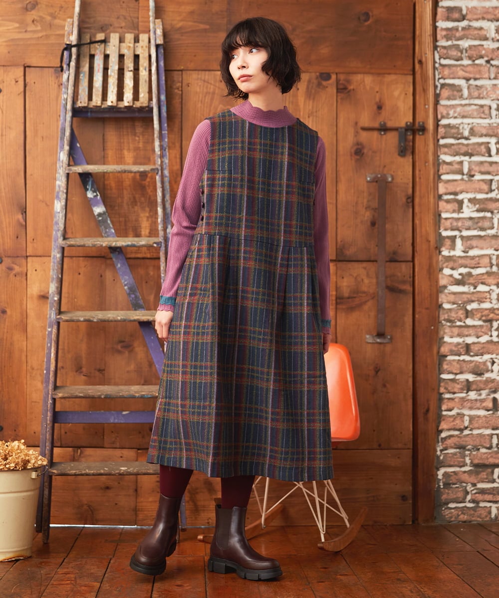 GJEAE41300 Jocomomola(ホコモモラ) Arriate チェック柄ジャンパースカートワンピース ベージュ