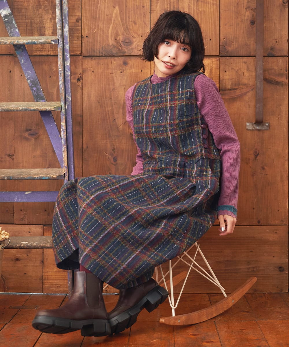 GJEAE41300 Jocomomola(ホコモモラ) Arriate チェック柄ジャンパースカートワンピース ベージュ