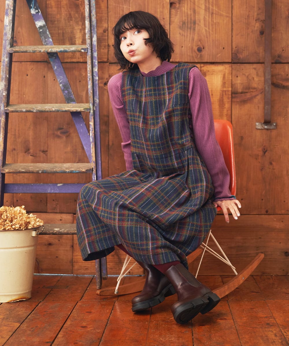 GJEAE41300 Jocomomola(ホコモモラ) Arriate チェック柄ジャンパースカートワンピース ベージュ