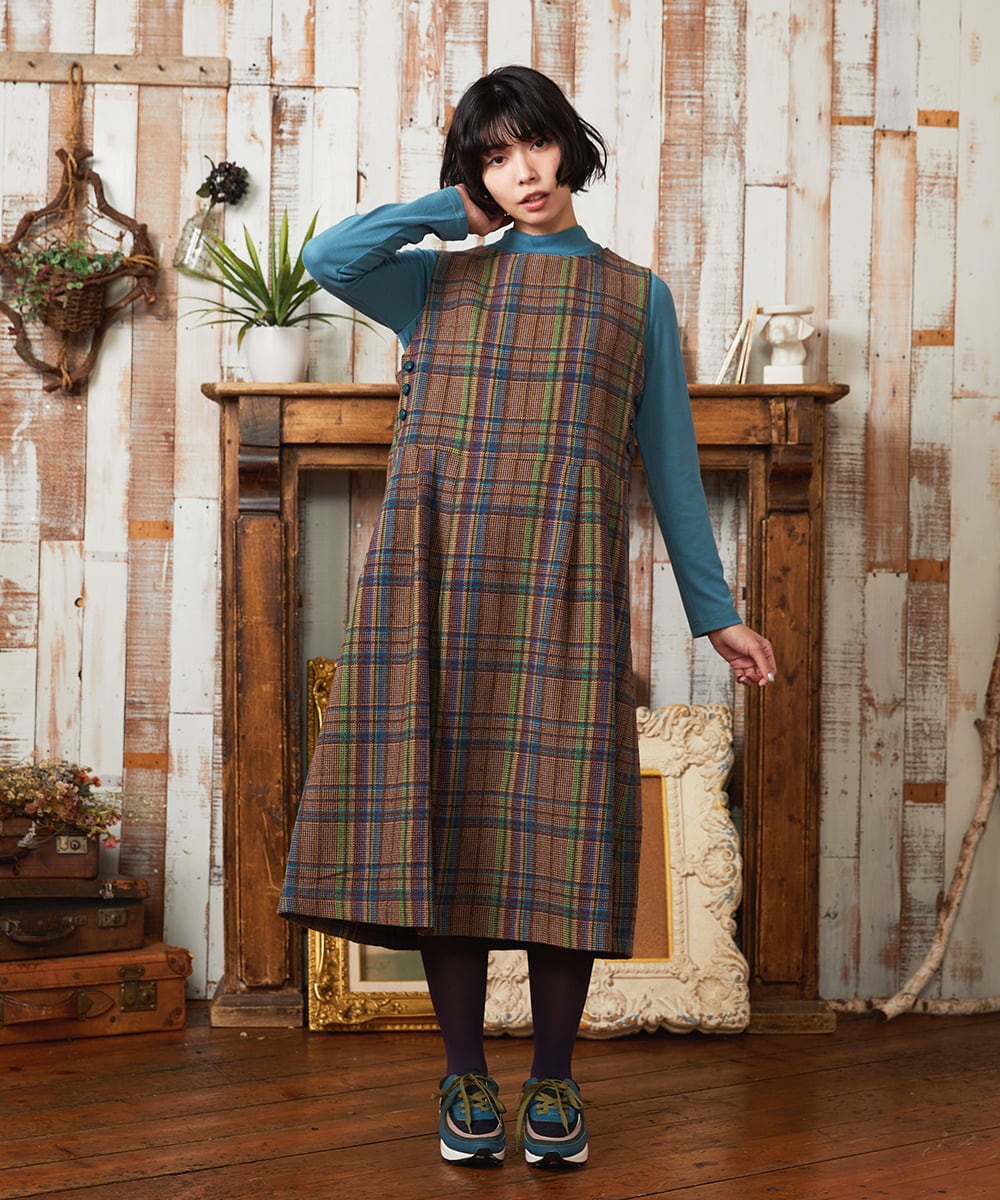 GJEAE41300 Jocomomola(ホコモモラ) Arriate チェック柄ジャンパースカートワンピース ベージュ