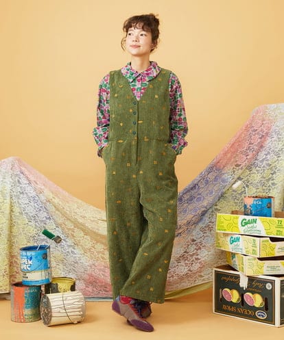 GJEAG02360 Jocomomola Manchas モチーフ刺繍 コーデュロイサロペット