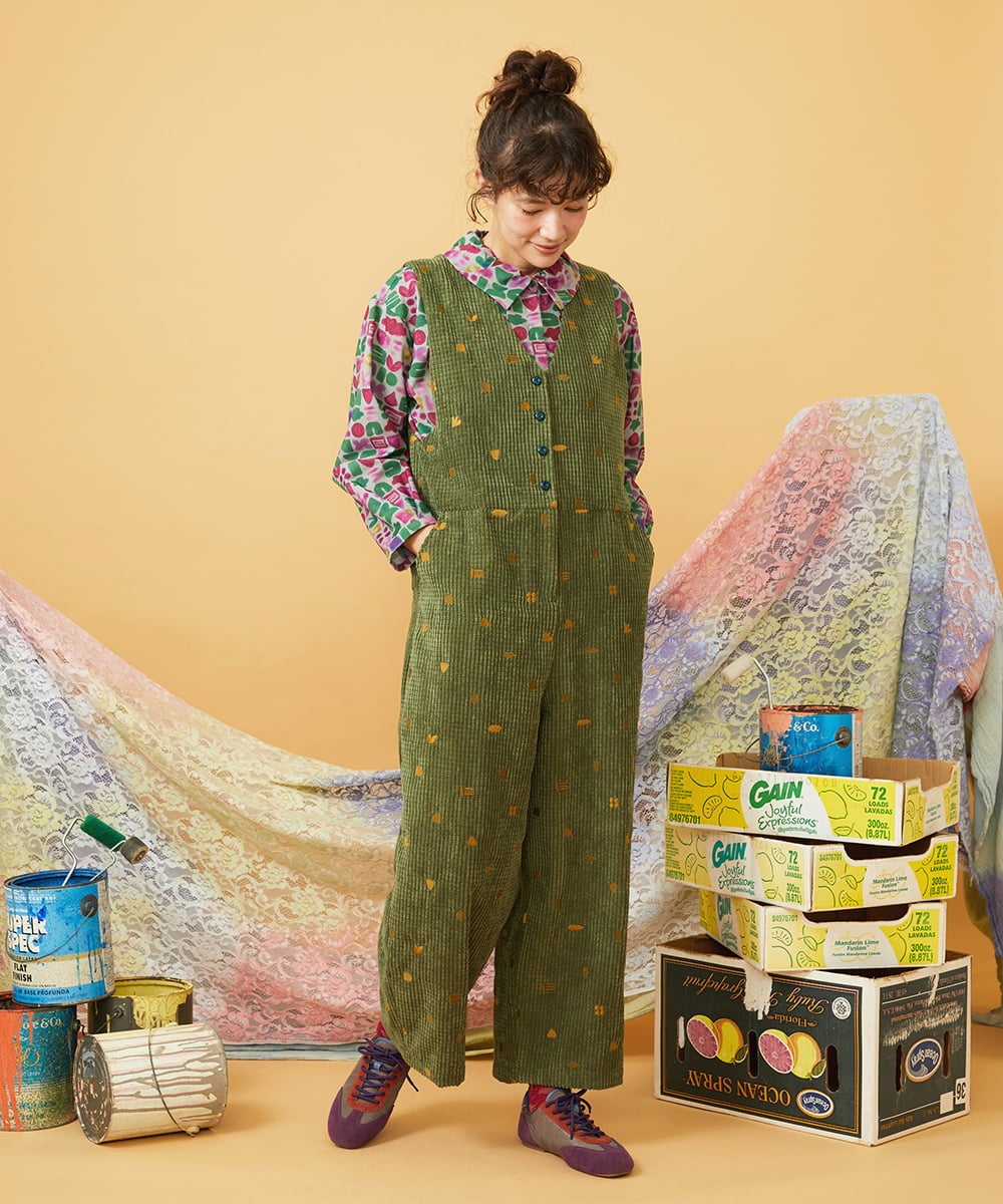 GJEAG02360 Jocomomola(ホコモモラ) Manchas モチーフ刺繍 コーデュロイサロペット グリーン