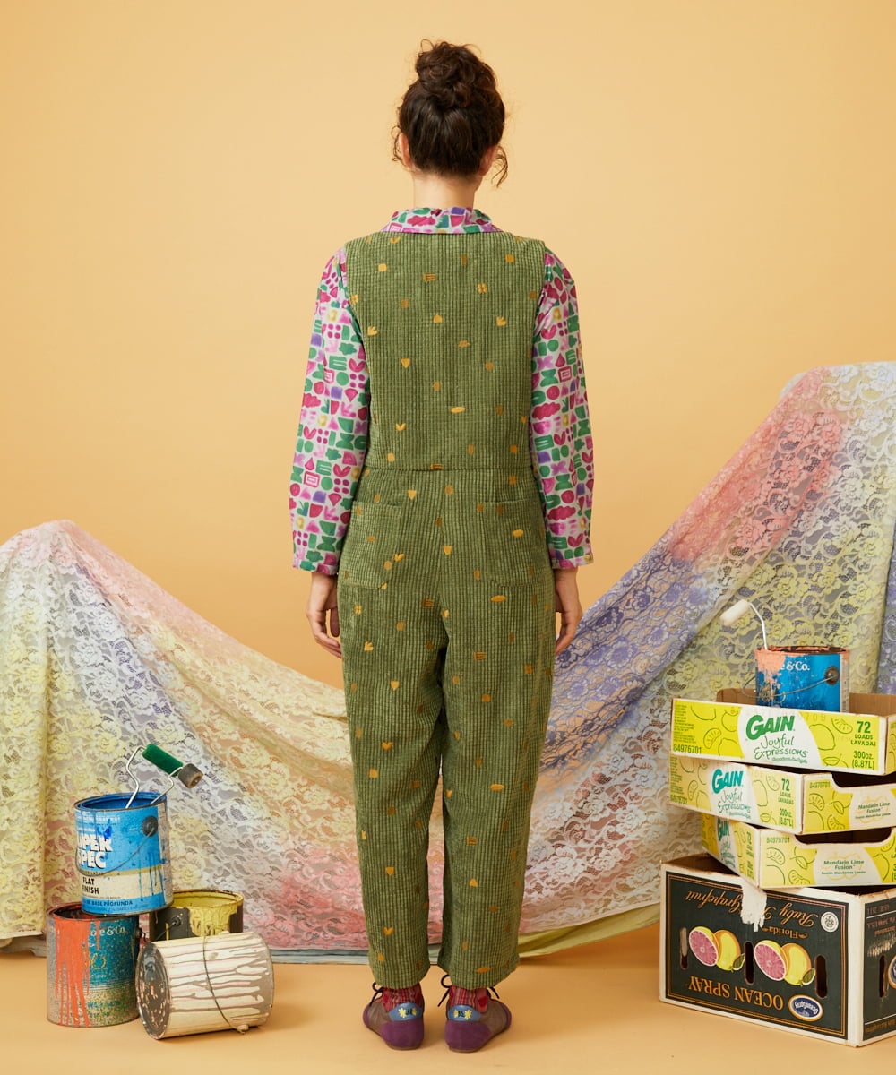 GJEAG02360 Jocomomola(ホコモモラ) Manchas モチーフ刺繍 コーデュロイサロペット グリーン