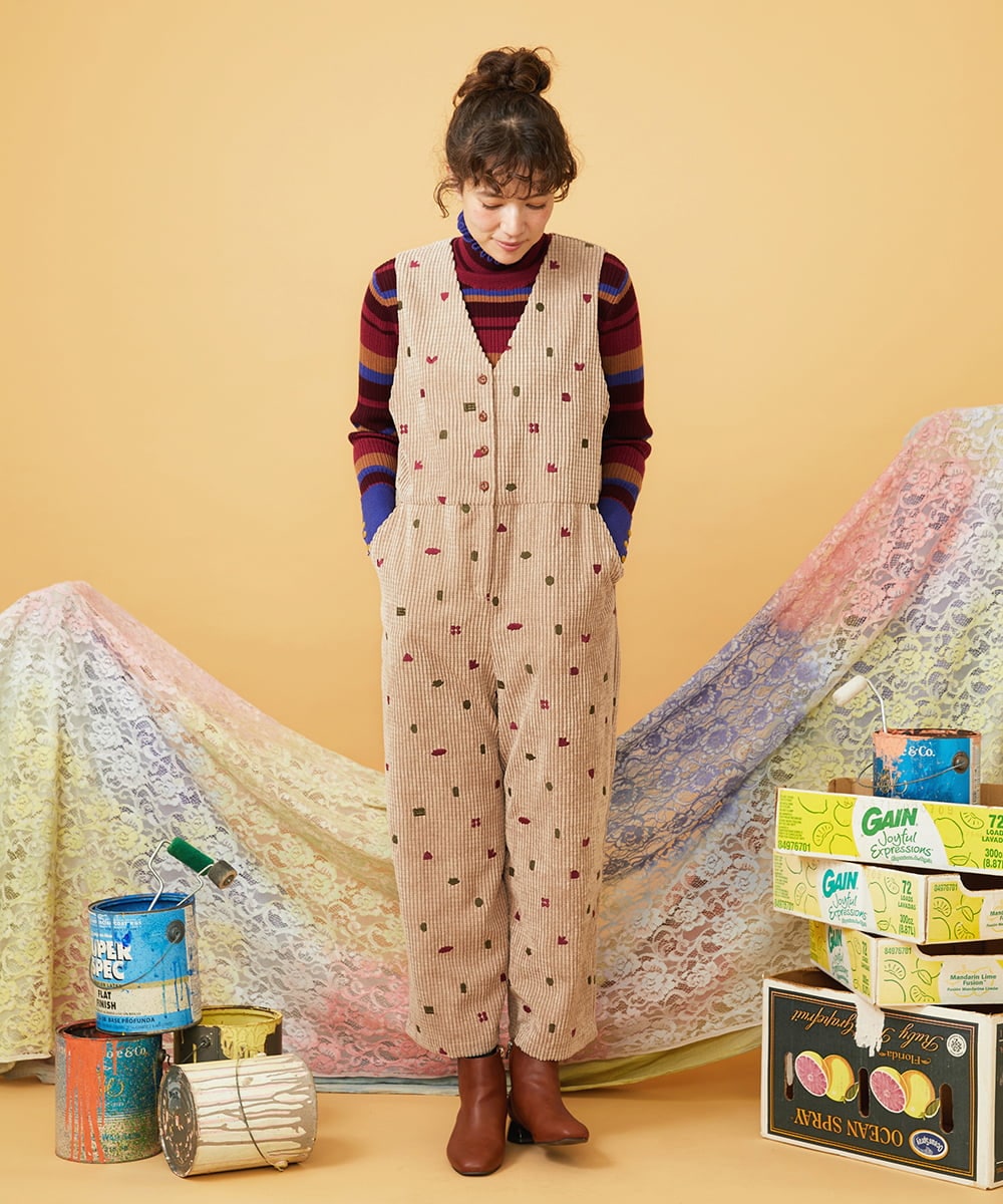 GJEAG02360 Jocomomola(ホコモモラ) Manchas モチーフ刺繍 コーデュロイサロペット ベージュ
