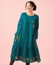 GJEAG31360 Jocomomola(ホコモモラ) インドウール フラワー刺繍ツイルワンピース グリーン