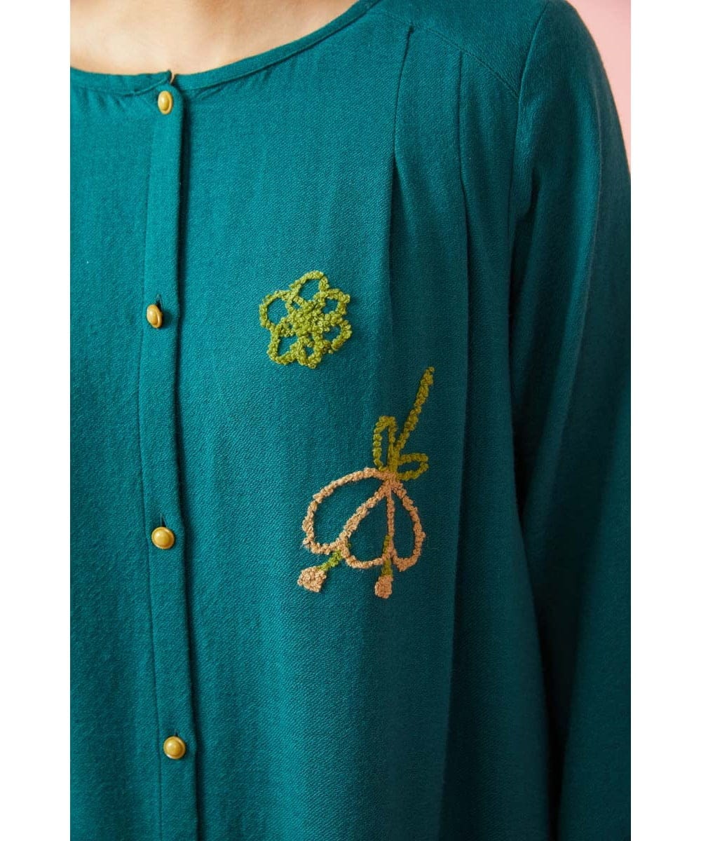 GJEAG31360 Jocomomola(ホコモモラ) インドウール フラワー刺繍ツイルワンピース グリーン