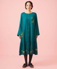 GJEAG31360 Jocomomola(ホコモモラ) インドウール フラワー刺繍ツイルワンピース グリーン