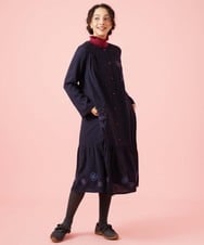 GJEAG31360 Jocomomola(ホコモモラ) インドウール フラワー刺繍ツイルワンピース ネイビー