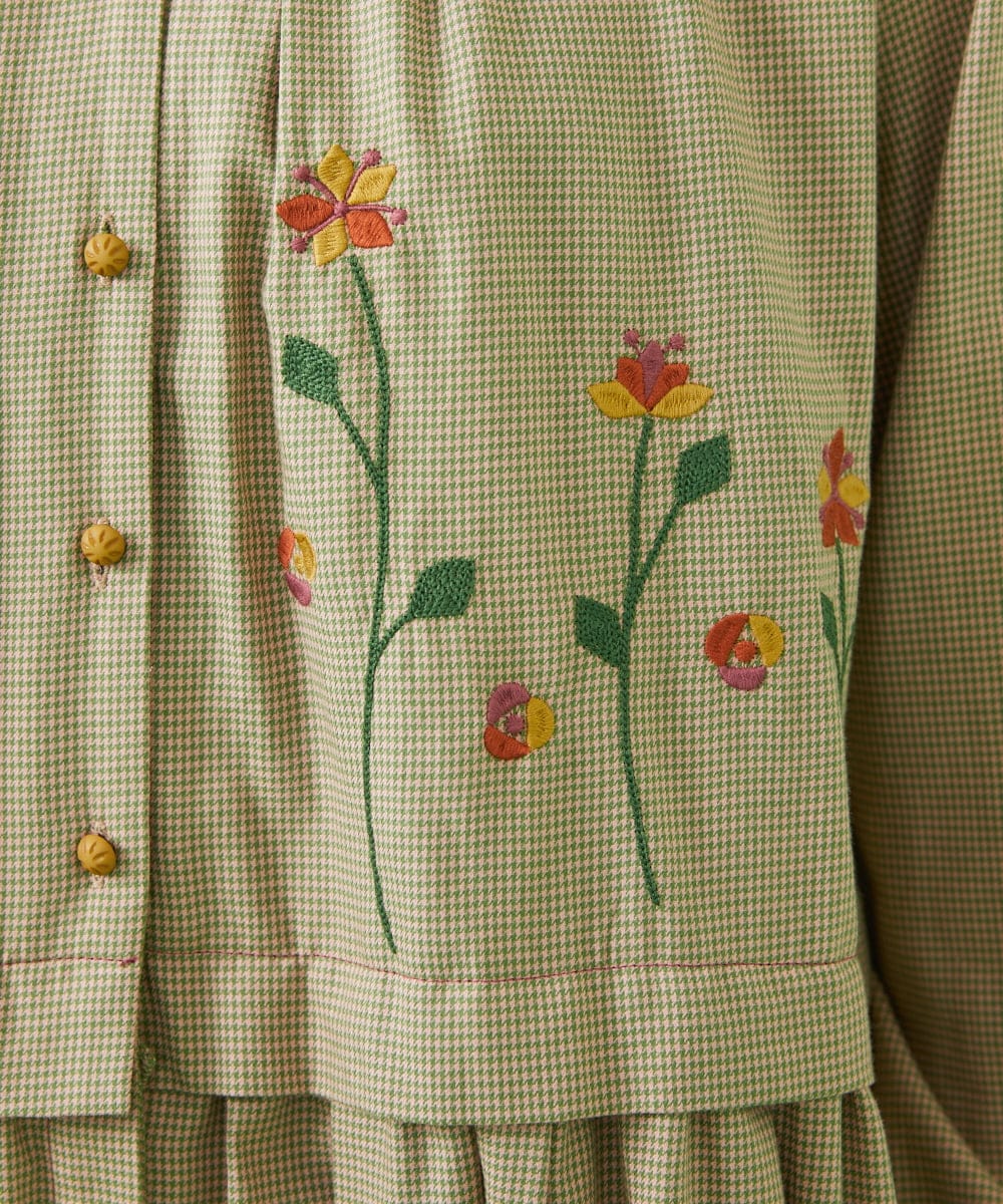 GJECA33300 Jocomomola(ホコモモラ) 千鳥チェック フラワー刺繍シャツワンピース ピンク×グリーン