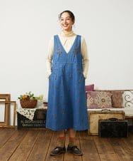 GJECD01330 Jocomomola(ホコモモラ) El galgo フラワー刺繍デニムノースリーブジャンパースカート ブルー