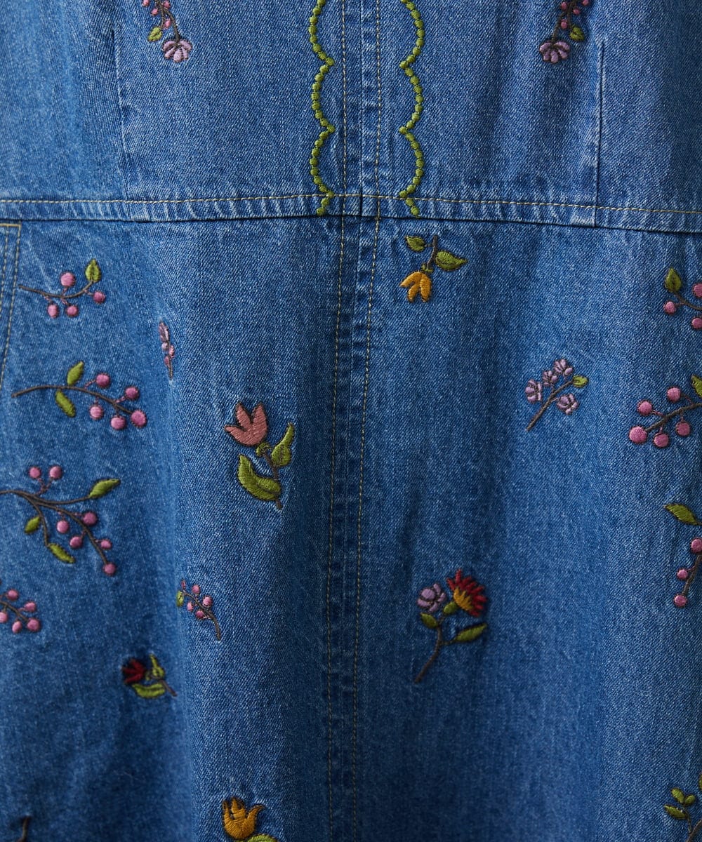 GJECD01330 Jocomomola(ホコモモラ) El galgo フラワー刺繍デニムノースリーブジャンパースカート ブルー