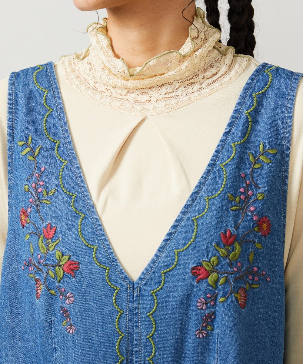 GJECD01330 Jocomomola(ホコモモラ) El galgo フラワー刺繍デニムノースリーブジャンパースカート ブルー