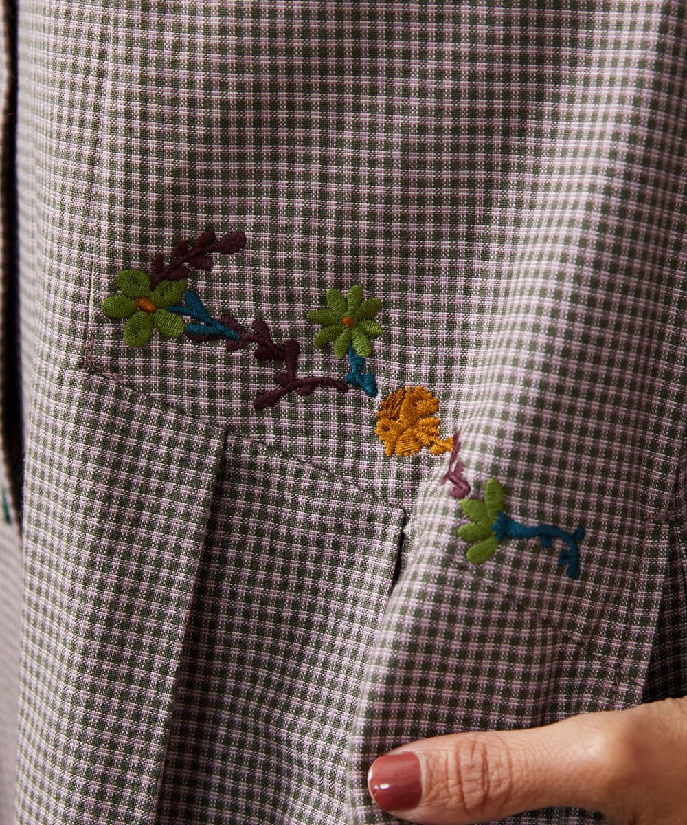 GJECD33300 Jocomomola(ホコモモラ) Flor pequena チェックフラワー刺繍ワンピース パープル