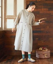 GJECD33300 Jocomomola(ホコモモラ) Flor pequena チェックフラワー刺繍ワンピース グリーン