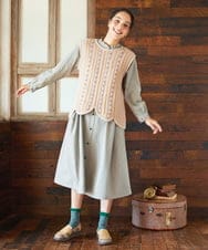 GJECD33300 Jocomomola(ホコモモラ) Flor pequena チェックフラワー刺繍ワンピース グリーン