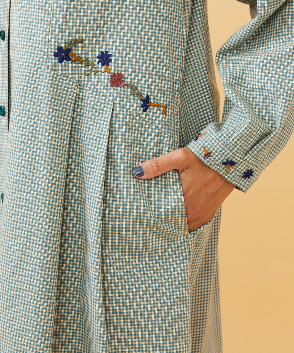 GJECD33300 Jocomomola(ホコモモラ) 【早割10%OFF】チェックフラワー刺繍ワンピース グリーン