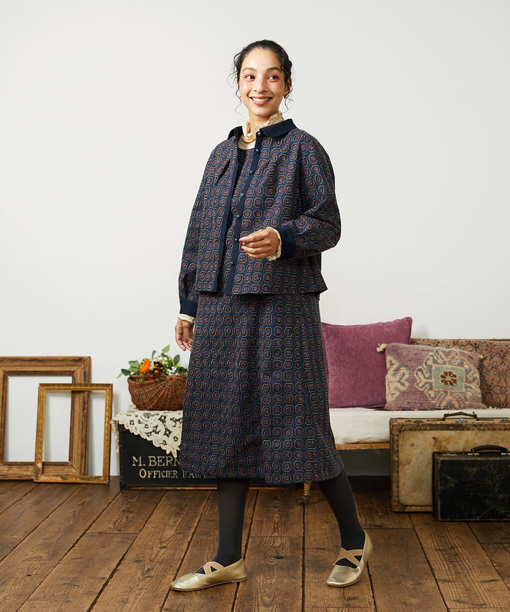 GJECD50350 Jocomomola(ホコモモラ) Escudos 幾何調総刺繍ワンピース ネイビー