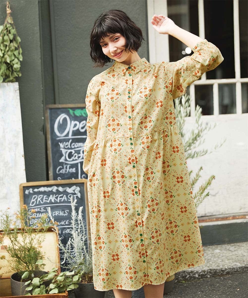 GJEDE38300 Jocomomola(ホコモモラ) Palomas y flores プリントシャツワンピース イエロー