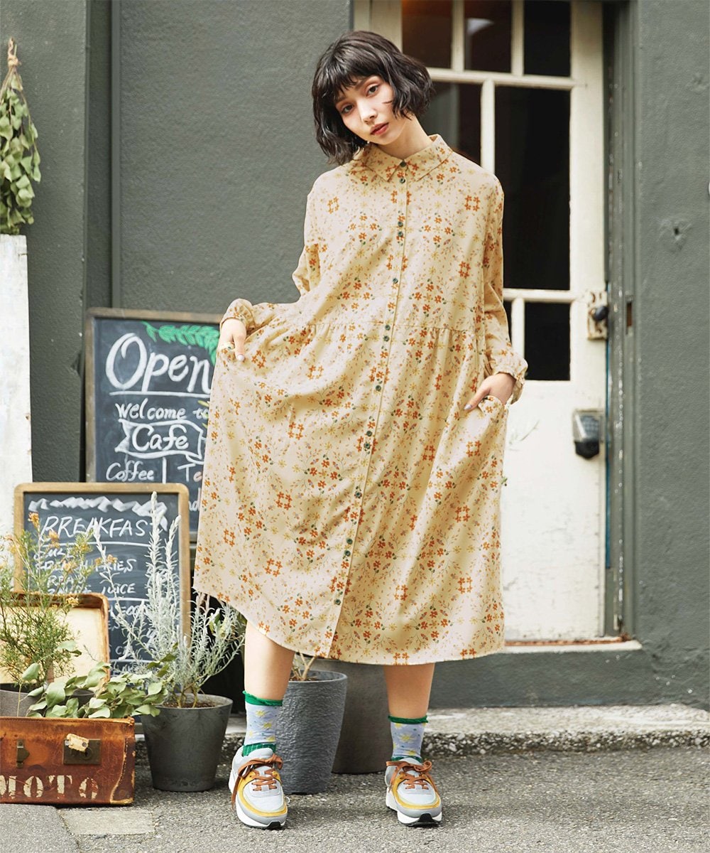 GJEDE38300 Jocomomola(ホコモモラ) Palomas y flores プリントシャツワンピース イエロー