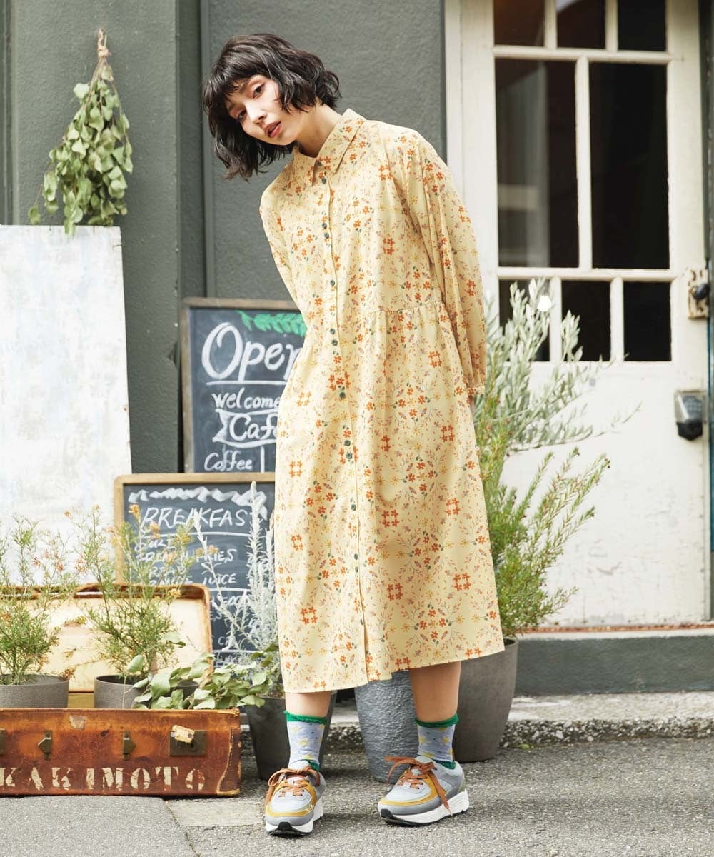 GJEDE38300 Jocomomola(ホコモモラ) Palomas y flores プリントシャツワンピース イエロー