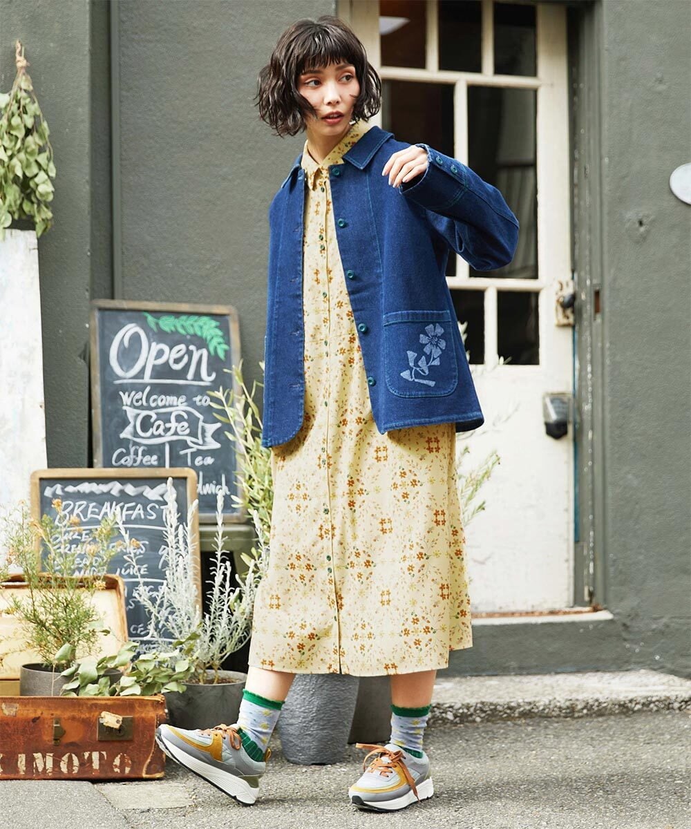 GJEDE38300 Jocomomola(ホコモモラ) Palomas y flores プリントシャツワンピース イエロー