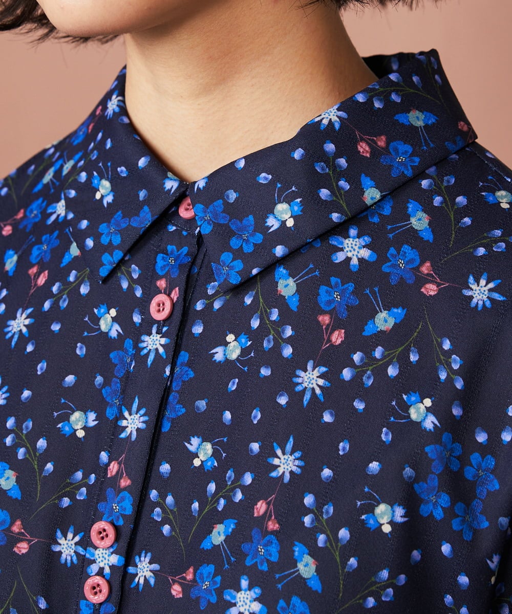 GJEDE38300 Jocomomola(ホコモモラ) Palomas y flores プリントシャツワンピース ネイビー