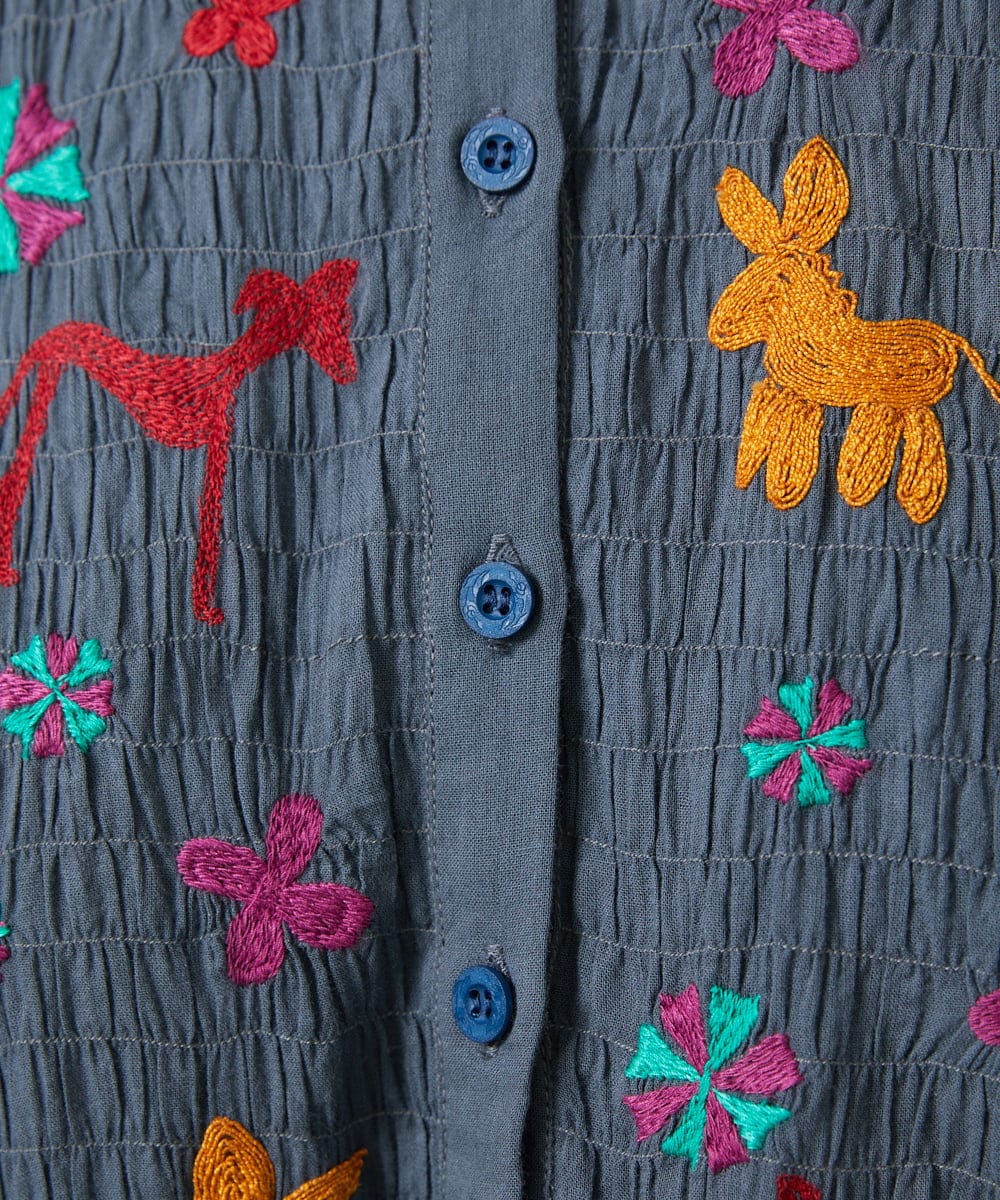 GJEFD01280 Jocomomola(ホコモモラ) Baile animal アニマル刺繡ワンピース グレー