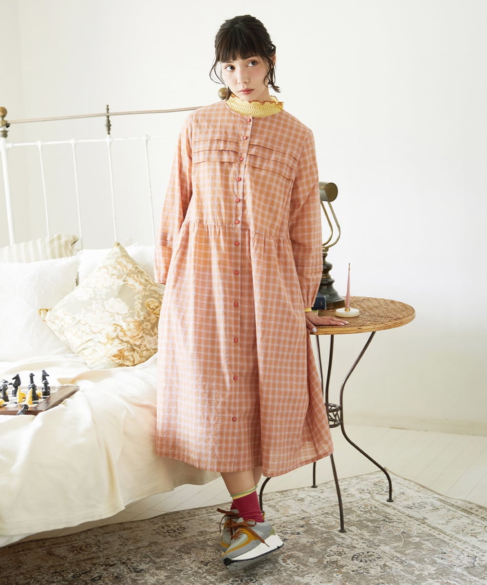 GJEFD32280 Jocomomola(ホコモモラ) Puntada ギンガムチェックシャツワンピース オレンジ