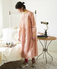 GJEFD32280 Jocomomola(ホコモモラ) Puntada ギンガムチェックシャツワンピース オレンジ