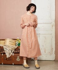 GJEFD32280 Jocomomola(ホコモモラ) Puntada ギンガムチェックシャツワンピース オレンジ