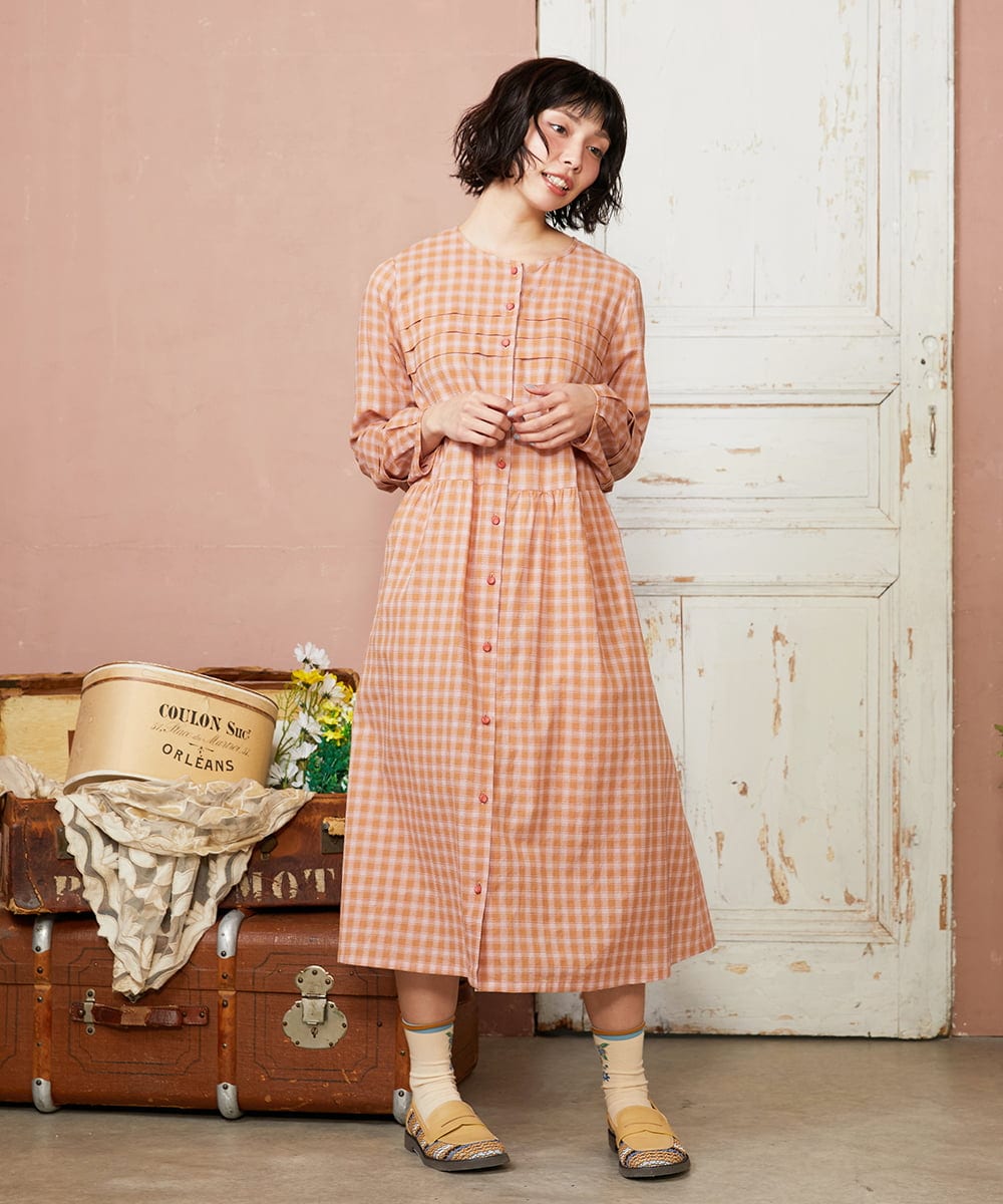 GJEFD32280 Jocomomola(ホコモモラ) Puntada ギンガムチェックシャツワンピース オレンジ