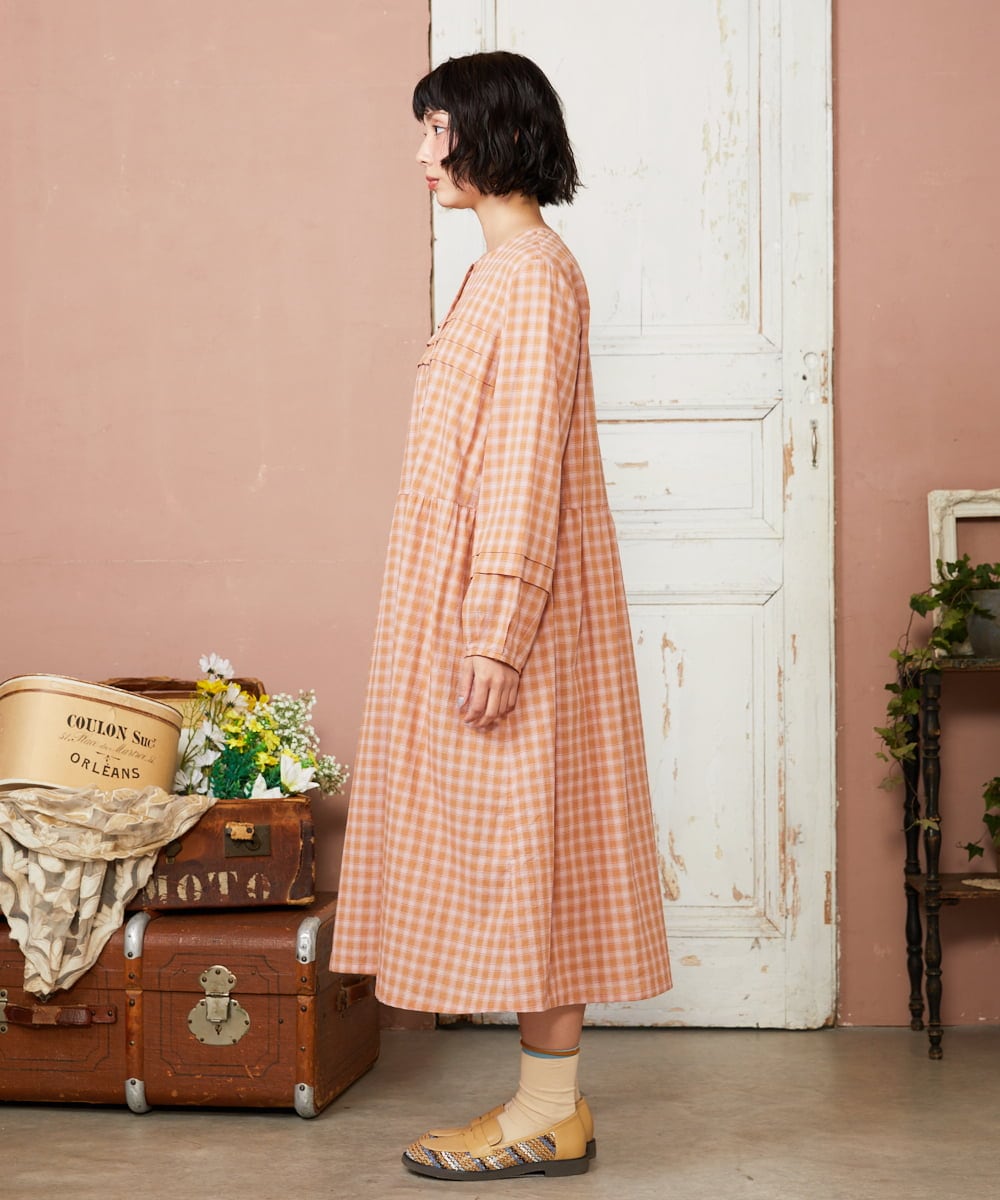 GJEFD32280 Jocomomola(ホコモモラ) Puntada ギンガムチェックシャツワンピース オレンジ