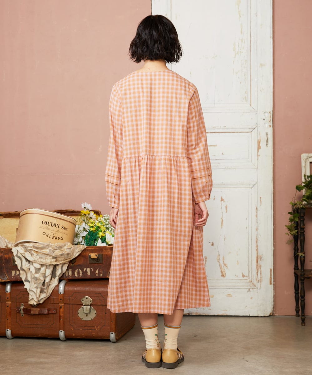 GJEFD32280 Jocomomola(ホコモモラ) Puntada ギンガムチェックシャツワンピース オレンジ