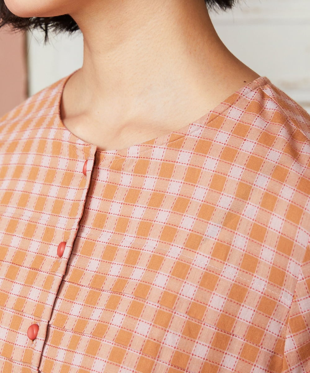 GJEFD32280 Jocomomola(ホコモモラ) Puntada ギンガムチェックシャツワンピース オレンジ