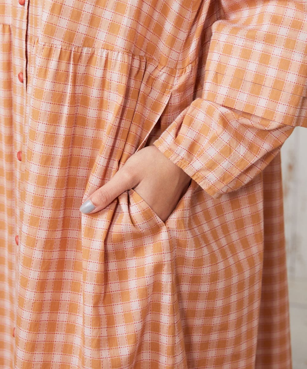 GJEFD32280 Jocomomola(ホコモモラ) Puntada ギンガムチェックシャツワンピース オレンジ