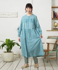 GJEFD32280 Jocomomola(ホコモモラ) Puntada ギンガムチェックシャツワンピース ブルーグリーン